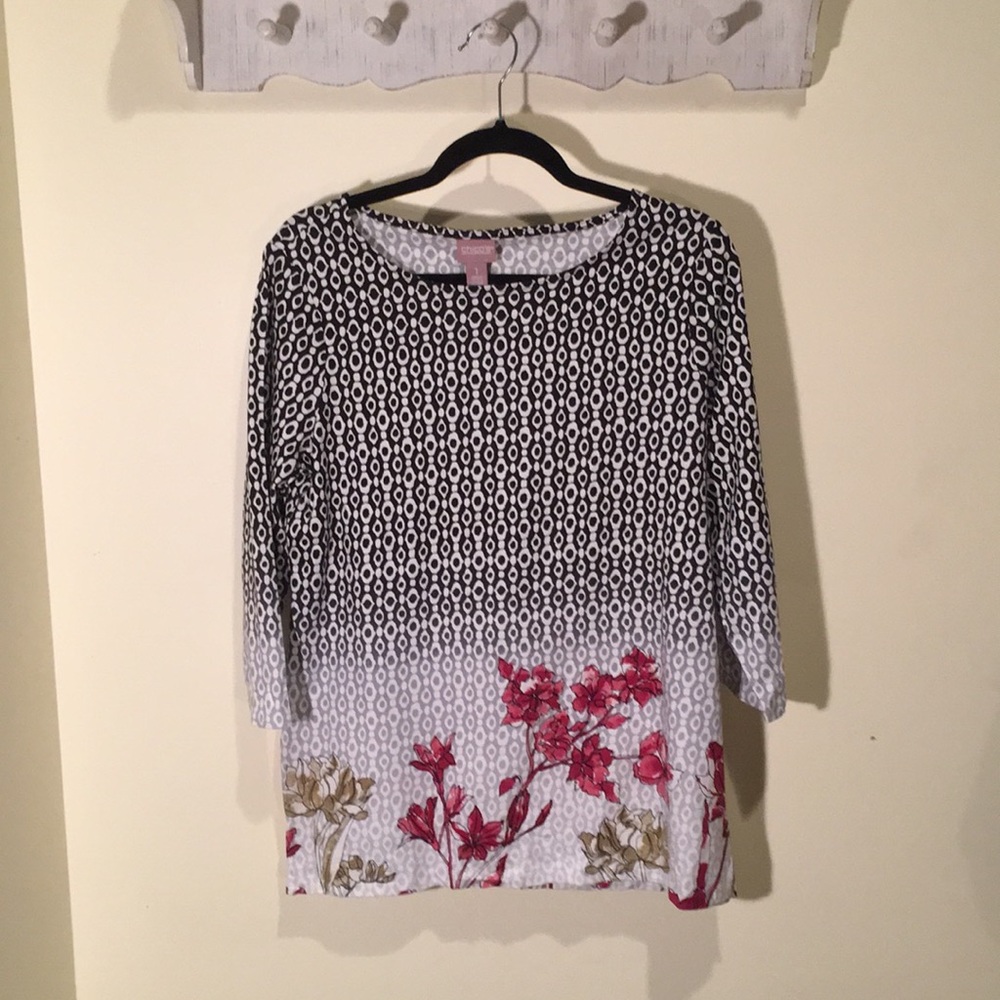 Chico’s T- Shirt 3/4 length sleeves Black White & Floral Print